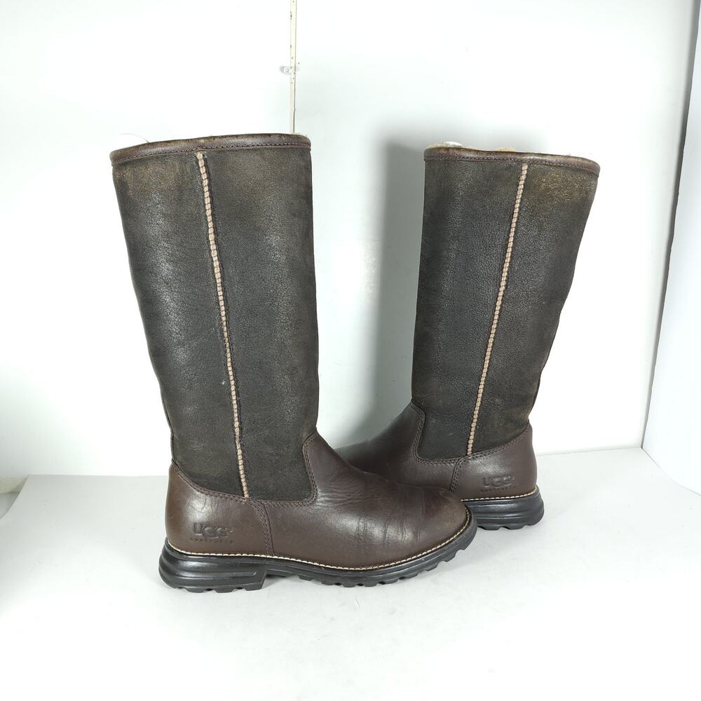 UGG Womens Brooks US7 Tall Brown Leather Shearling Sherpa PullOn Boots - Picture 7 of 16